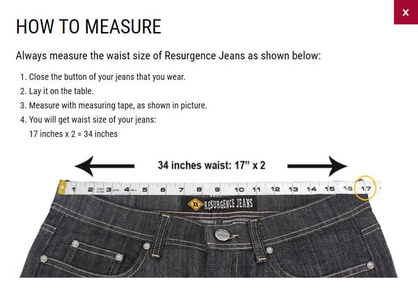 Resurgence Womens Jeans Sizing Guide