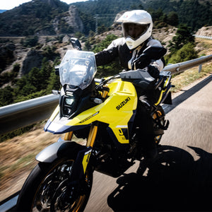 Yellow Suzuki DL800 in action